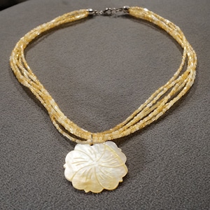 Vintage Art Deco Style Silver Tone Glass Beads Mother of Pearl Multi Strand Pendant Dangle Floral Design Necklace Jewelry    K#75
