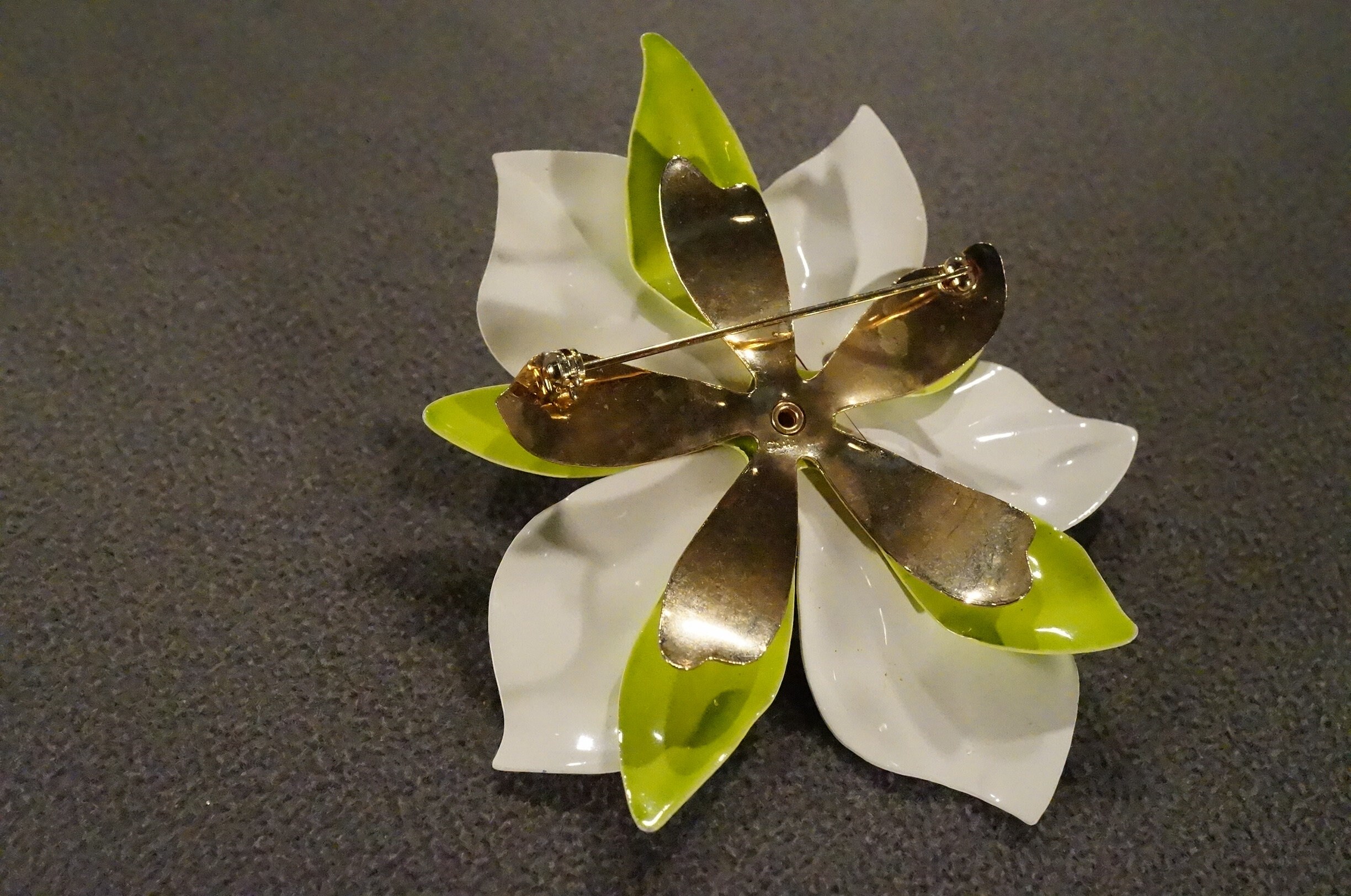 Vintage Art Deco Style Yellow Gold Tone Enameled Floral Design
