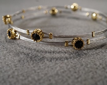 Vintage Art Deco Style Silver Tone Yellow Gold Tone Round Beaded Wire Bangle Bracelet Jewelry   K#4