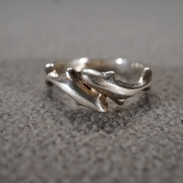 Vintage Art Deco Style Sterling Silver Double Dolphin Ring Band Stackable Ring Size 8 Jewelry     K