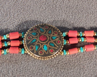 Vintage Brass  Multi Shaped Coral Turquoise Fancy Scrolled Raised  Unique  3 Strand Bracelet Bracelet