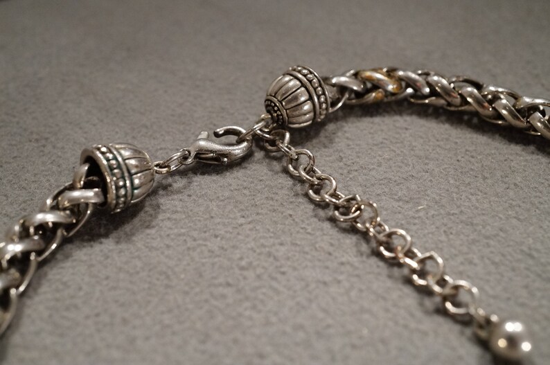 Vintage Art Nouveau Silver Tone Faux Blue Pearl Pendant Dangle Adjustable Line Link Necklace Jewelry K#10