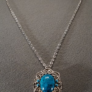 Vintage Art Deco Style Silver Tone Glass Stone Faux Turquoise Oval Line Link Scrolled Necklace Jewelry   K#10