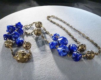 Vintage Brass Multi Round Royal Blue Lucite Fancy Etched Carved Brass Bead Oblong link Necklace Chain **RL