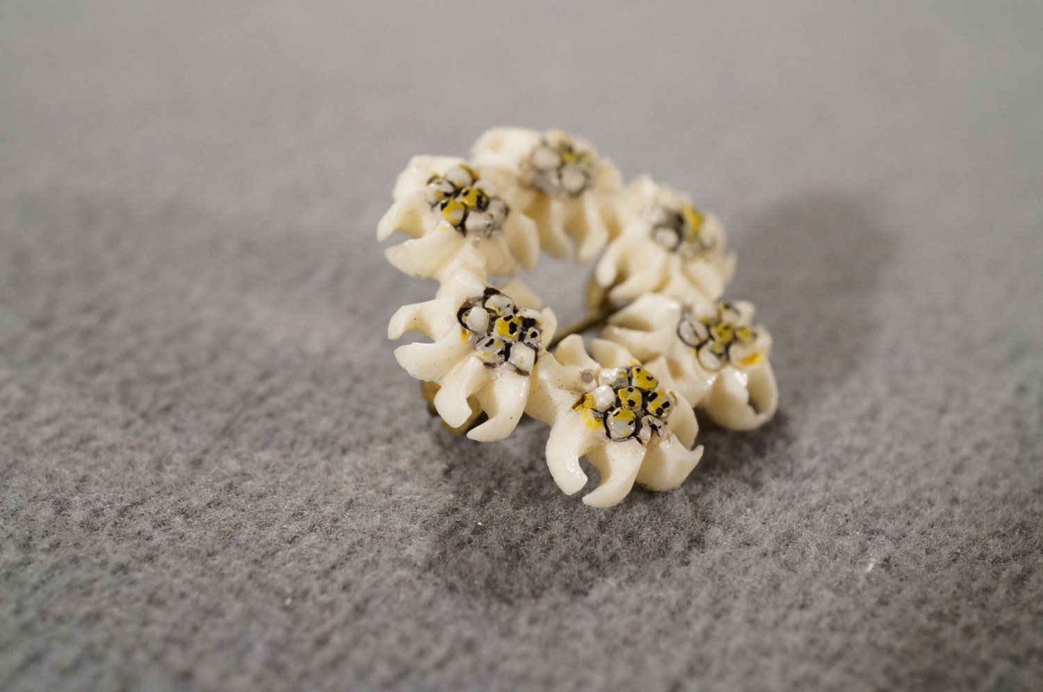 Vintage Art Deco Style Round White Lucite Flower Yellow Jet