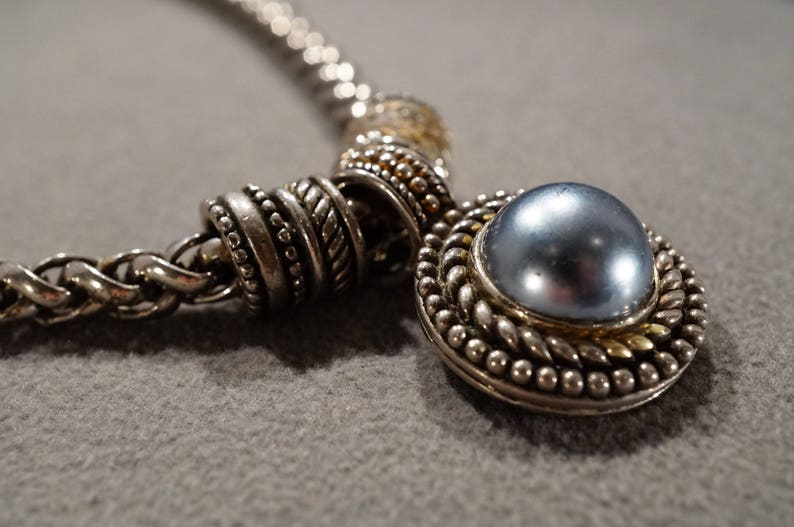 Vintage Art Nouveau Silver Tone Faux Blue Pearl Pendant Dangle Adjustable Line Link Necklace Jewelry K#10