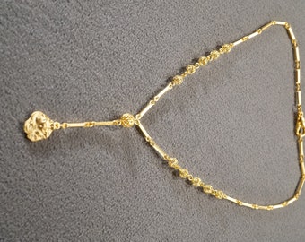 Vintage Art Deco Style Yellow Gold Tone Round Female Figural Design Line Link Tassel Dangle Necklace Jewelry    K#73