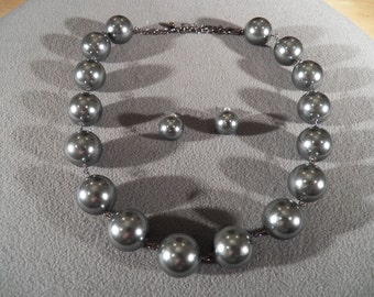Vintage Extra Large Round Faux Grey Pearl 24" Necklace Pierced Stud Earrings Set Jewelry **RL