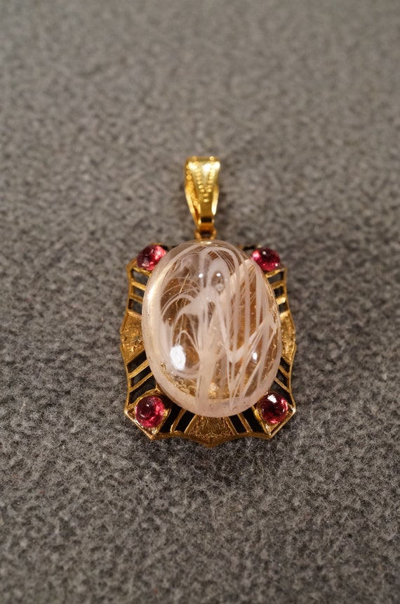 Vintage Art Deco Style Yellow Gold Tone Rhinestone Glass Stone Red Pendant Oval Jewelry K#26