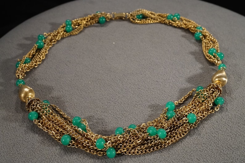 Vintage Art Deco Style Yellow Gold Tone Multi Strand Line Link Glass Beads Necklace Jewelry K#4