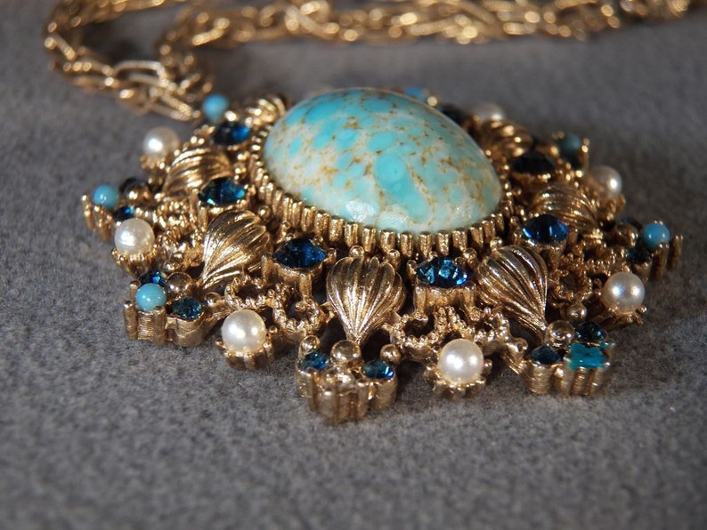 Vintage Yellow Gold Tone Large Oval Multi Round Faux Pearl Turquoise Rhinestone Fancy Etched Scrolled Filigree Dangle Lavaliere Necklace**RL