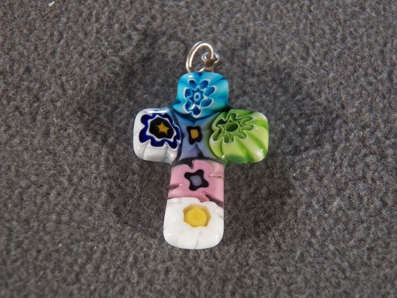 Vintage Italian Venetian Detailed Murano Millefiori Art Glass Fancy Cross Pendant Charm **RL