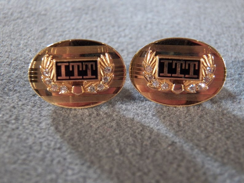 Vintage Gold Tone Stately ITT Logo Cufflinks with Rhinestones Very Nice!~~ **RL