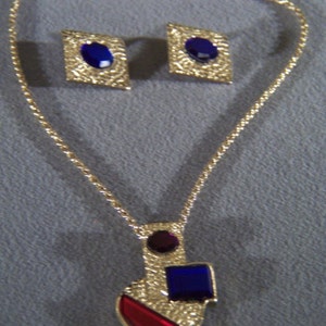 Vintage Yellow Gold Tone Designer Signed Park Lane Multi Shaped Rhinestone Necklace Chain Clip On Earrings SET W        **RL