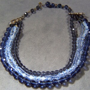 Vintage rare shades blue opalescent 6 Glass Multi shaped 6 strand necklace W image 1