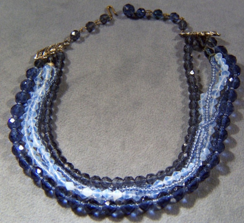 Vintage rare shades blue opalescent 6 Glass Multi shaped 6 strand necklace W image 1