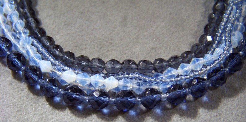 Vintage rare shades blue opalescent 6 Glass Multi shaped 6 strand necklace W image 2