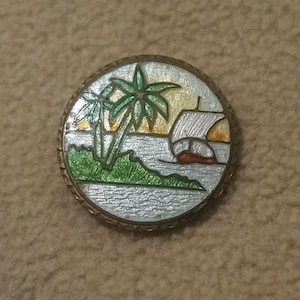Vintage Yellow Gold Tone Fancy Multi Colored Enameled Boat Landscape Scene Pin Brooch Jewelry **RL