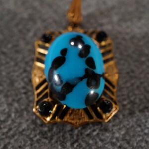 Vintage Art Deco Style Yellow Gold Tone Blue Glass Stone Domed Scrolled Pendant Dangle Jewelry  K#61