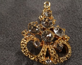 Vintage Art Deco Style Yellow Gold Tone Rhinestone Glass Stone Red Pendant Oval Jewelry K#26