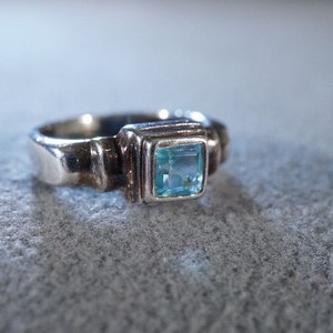 Vintage Sterling Silver Square Blue Topaz Wedding Band Ring, Size 6    **RL