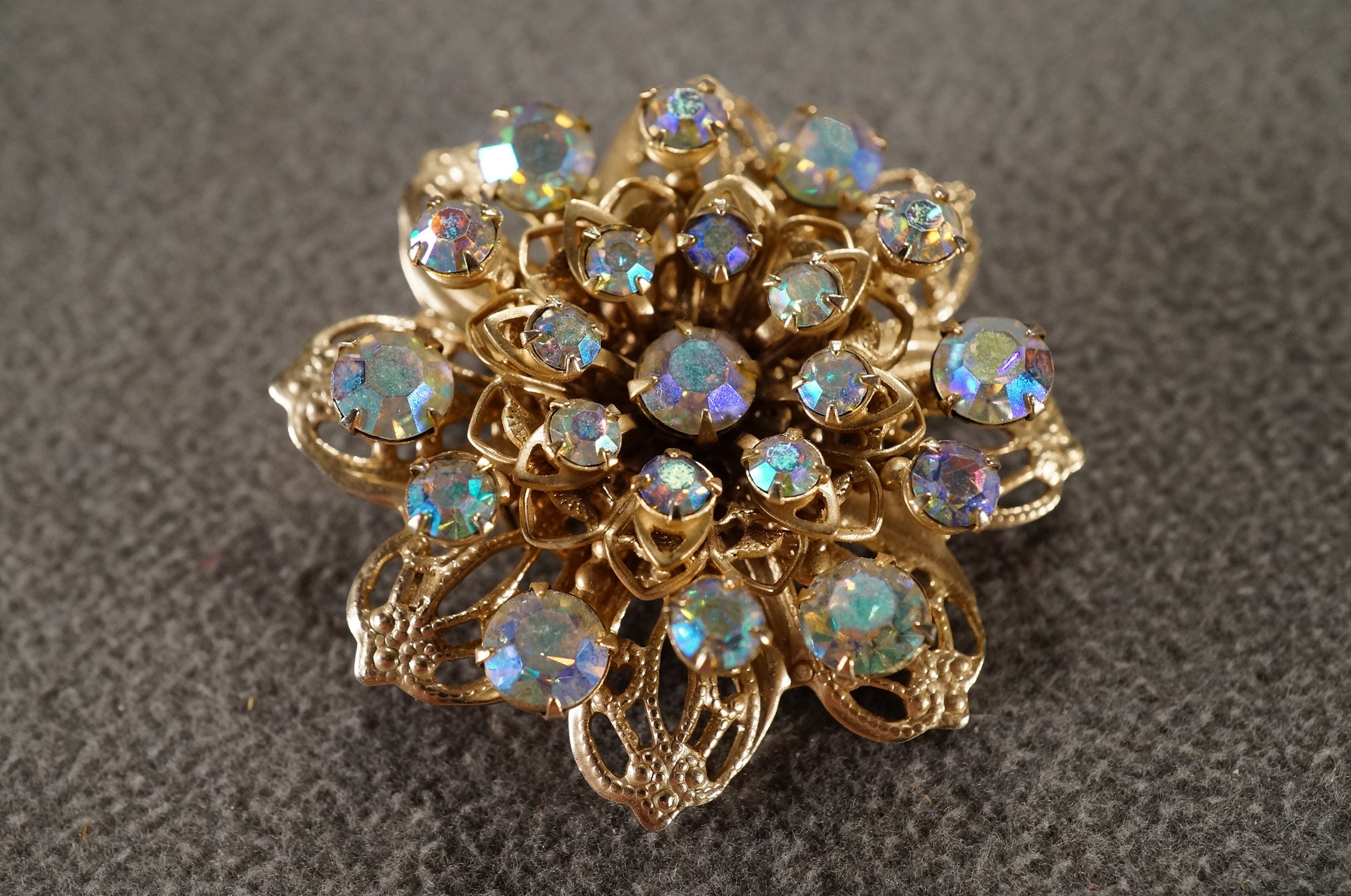 Vintage Art Deco Style Yellow Gold Tone Rhinestone Glass