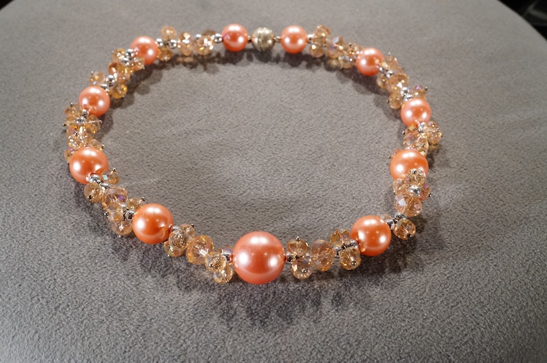 Vintage Art Deco Style Silver Tone Glass Beads Round Coral Color Aurora Borealis Necklace Jewelry K#45