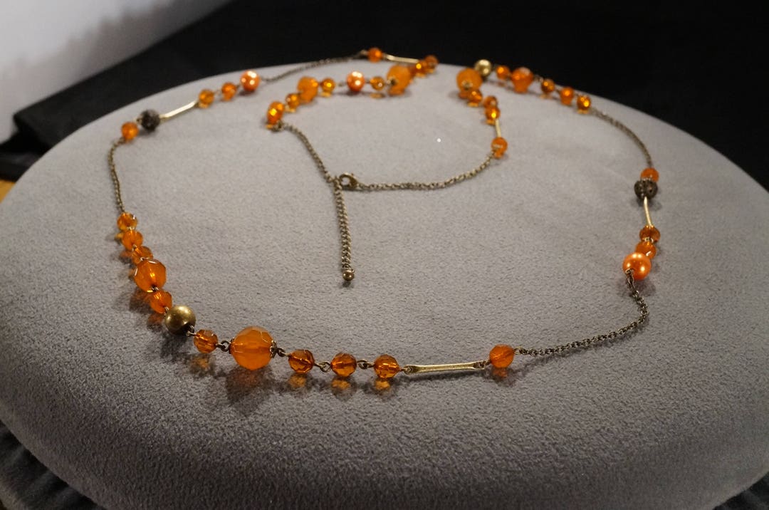 Vintage Retro Style Yellow Gold Tone Glass Beads Orange