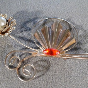 Vintage Yellow Gold Tone  Multi Round Ruby Red Clear Rhinestone Faux Pearl Fancy Flower Design  Huge Pin Brooch