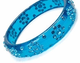 Vintage Royal Blue Lucite Multi Round Rhinestone Retro Style Bangle Bracelet
