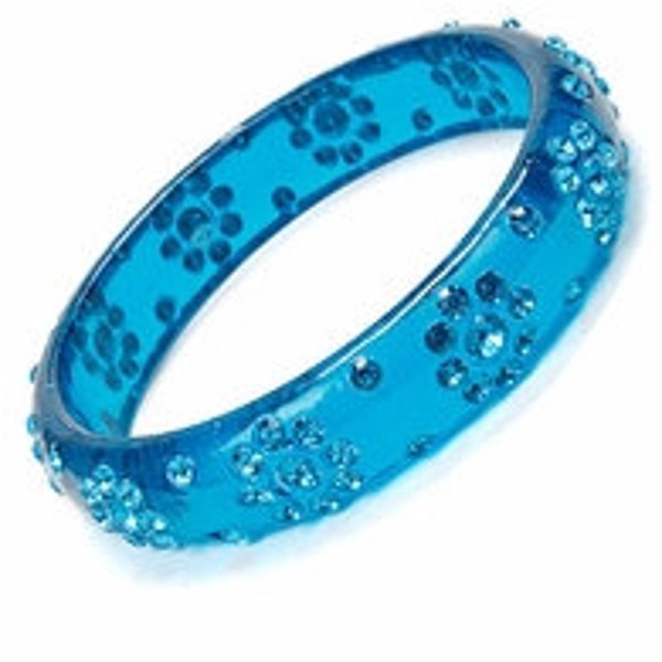 Vintage Royal Blue Lucite Multi Round Rhinestone Retro Style Bangle Bracelet