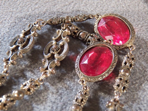 Vintage Gold Tone Extra Long Sophisticated Red Gl… - image 2