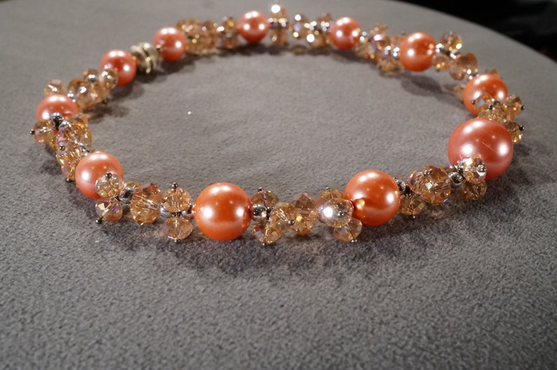 Vintage Art Deco Style Silver Tone Glass Beads Round Coral Color Aurora Borealis Necklace Jewelry K#45
