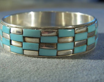 Vintage Silver Tone Fancy Multi Rectangle Faux Turquoise Wide Bangle Bracelet Jewelry **RL