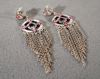 Vintage Art Deco Silver Tone Rhinestones Pink Enameled Round Design Tassel Pierced Earrings   K