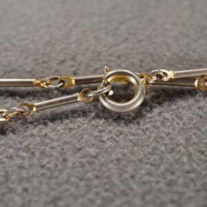 May include: Close-up of a silver and gold chain necklace with a clasp. The chain is made of small, linked circles and rectangular bars.