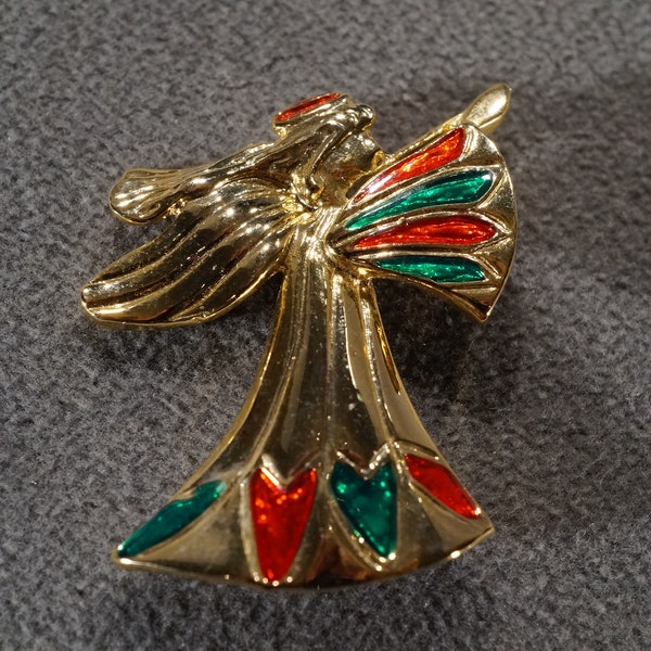 Vintage Art Deco Style Yellow Gold Tone Enameled Holiday Theme Angel Design Pin Brooch Jewelry   K#54