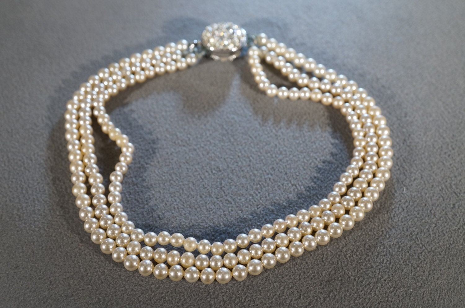 Vintage 18 Inch Glass Faux Pearl Necklace With Rhinestone