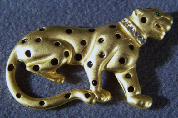 Vintage Yellow Gold Tone  Large Leopard Rhineston… - image 1