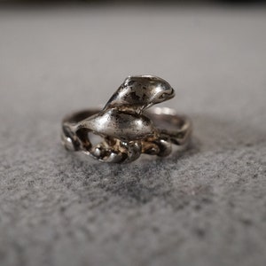 May include: A silver ring with a stylized bird design. The bird is perched on a branch with intricate details.