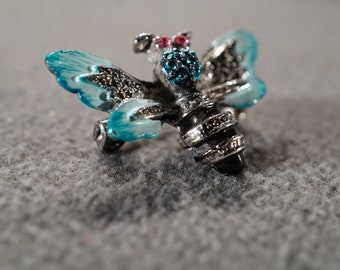 Vintage Art Deco Style Silver Tone Enameled Blue Butterfly Design