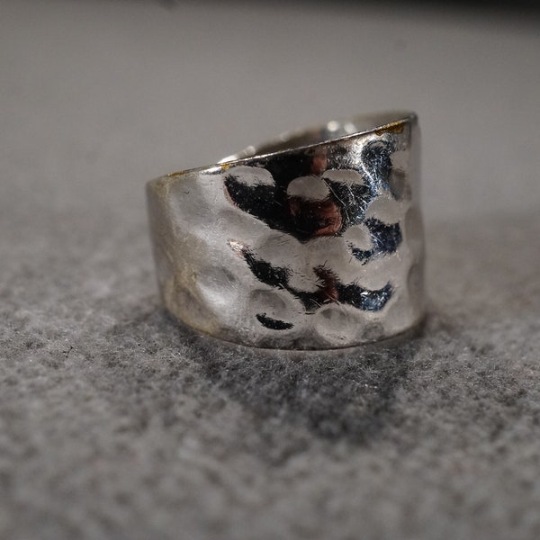 vintage silver tone cuff ring with wide hammered styling stamped with 'sarah', size 6 1/2  **M7