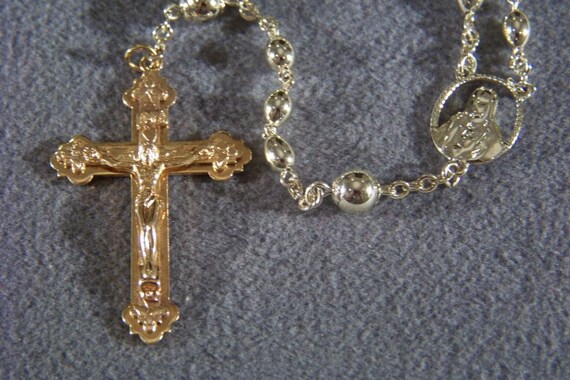 Vintage yellow gold tone bead bold rosary cross J… - image 2