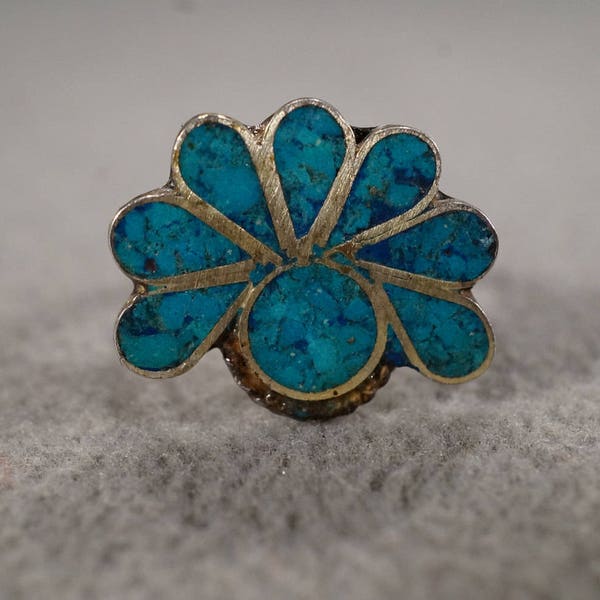 vintage sterling silver statement ring with large inset southwest turquoise stones in a half-floral setting, size 7  M3