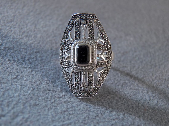 Vintage Sterling Silver Rectangle Black Onyx Multi Round Vintage Sterling Silver Rectangle Black Onyx Multi Round