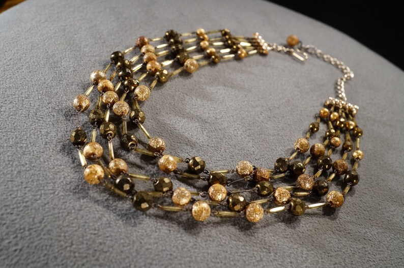Vintage Art Deco Style Yellow Gold Tone Round Multi Strand Beaded Necklace Jewelry K#88
