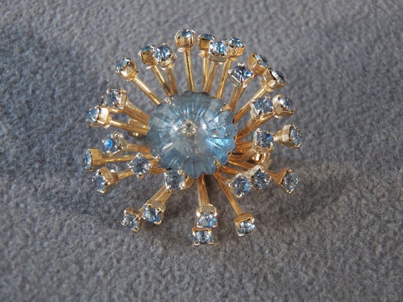 Vintage Yellow Gold Tone Multi Round Blue Rhinest… - image 1