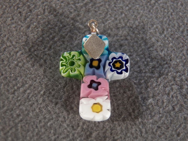 Vintage Italian Venetian Detailed Murano Millefiori Art Glass Fancy Cross Pendant Charm **RL
