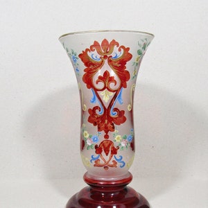 Vintage Hand-Painted Ruby Red Bohemian Glass Vase - Gold Trim, 7&quot; H