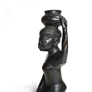 Carved Ebony Black Hardwood Kneeling Woman with Water Pot African Tribal Art Statue Sculpture